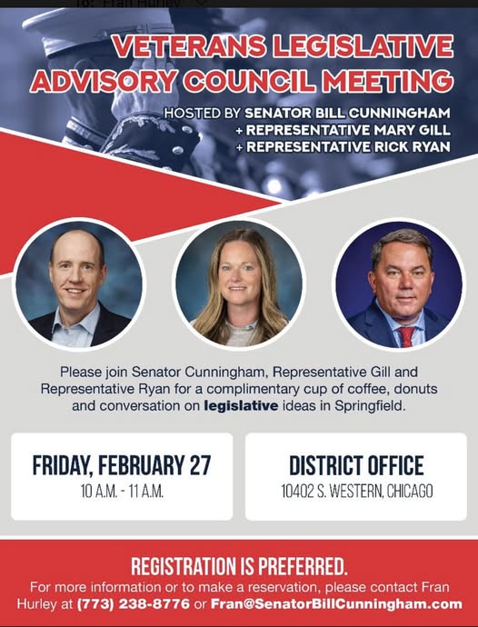 Flyer for Senator Cunningham Veterans Legislative Advisory Council Meeting
